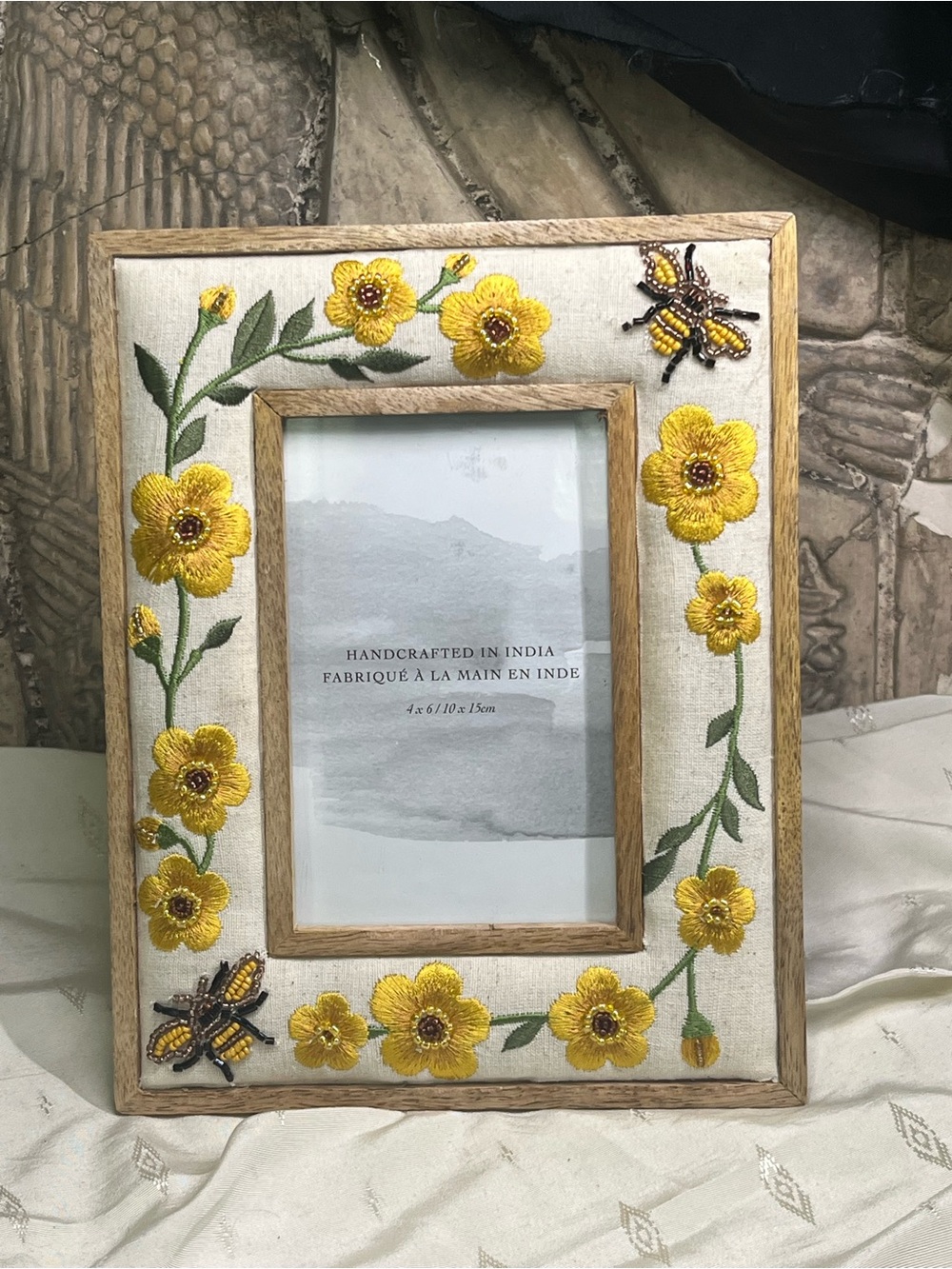 Handcrafted Embroidered Beaded Flower & Bumblebee 4”x6” Photo Picture Frame